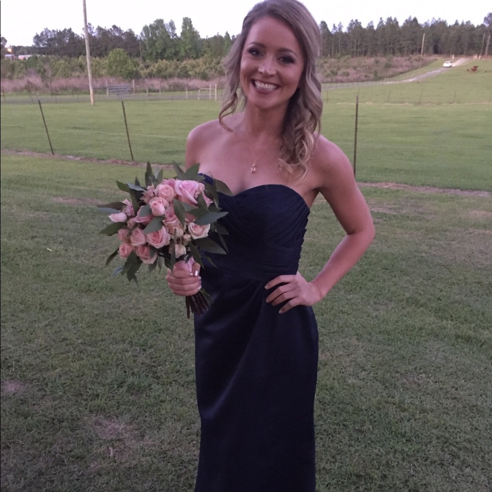 Floor length, strapless navy blue dress